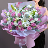 来一客鲜花速递玫瑰百合鲜花送老师女友表白生日礼物全国同城配送 19朵紫玫瑰白百何花束