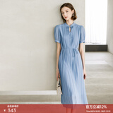 颜域新中式女装连衣裙2026新款夏装优雅气质百褶裙短袖中长款裙子 蓝色 M/38