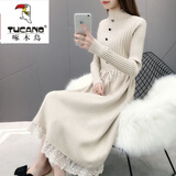 啄木鸟（TUCANO）羊毛针织连衣裙女加绒加厚中长款秋冬2026蕾丝宽松半高领毛衣裙 米白色 S 80-90斤