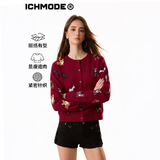 ICH MODE美式短款针织衫开衫女春秋季毛衣慵懒风外套上衣打底 酒红色 L