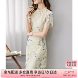 尚都比拉新中式立领盘扣旗袍改良版花瓣袖雪纺碎花连衣裙夏季 杏底花色 L 
