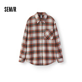 森马（Semir）长袖衬衫女冬季中长款磨毛纯棉格子宽松上衣盐系衬衣101725105005