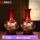 收藏天下景德镇陶瓷器新中式红色花瓶办公室客厅酒柜玄关博古架摆件赏瓶 中国红锦上添花对瓶+底座39cm