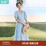 茵曼（INMAN）纯棉法式气质连衣裙女装2026夏季新品显瘦V领泡泡袖A字长裙子 浅水蓝 -K18625153 S