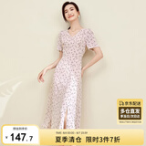 尚都比拉夏季V领碎花连衣裙中长款收腰显瘦气质印花裙子 粉底花色 S 