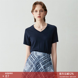 颜域简约纯色短袖T恤女夏装新款时尚气质ol通勤直筒显瘦上衣 深蓝 M