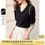 尚都比拉夏季短袖t恤女浪漫花边泡泡袖V领显瘦女装上衣 黑色 M