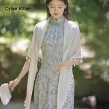 CYBER KITTEN新中式旗袍披肩复古镂空流苏披风薄款旗袍外搭三角巾开衫外套礼物 米白网款+【送胸针】70*180cm