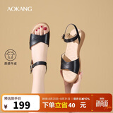 奥康（Aokang）女鞋坡跟一字带凉鞋牛皮舒适日常休闲外穿妈妈鞋T666688810黑36码