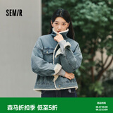森马（Semir）牛仔外套女拼接仿兔毛翻领宽松潮流港风冬季落肩夹棉夹克复古 牛仔浅黄泥染80331 L