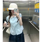 佐叙蓝色泡泡袖短袖衬衫女娃娃领双排扣日系百搭显瘦设计感小众上衣 蓝色 L （85-105斤）