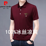 皮尔卡丹（pierre cardin）夏季男士短袖t恤中青年爸爸纯色翻领印花上衣冰丝polo保罗衫针织 酒红 冰丝polo衫 XL 175-建议130-150斤