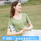 百图betu女装夏季新款T恤法式减龄蕾丝花边V领短袖T恤女2403T19 绿色 M