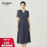深呼吸DEEP BREATH女装法式V领网纱弹力松紧腰印花连衣裙A500294 蓝白 2XL (6)