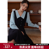 独束大码女装假两件撞色衬衫领连衣裙女秋冬微胖mm文艺复古穿搭裙子 墨染黑【适合165左右】 XL