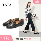 他她（TATA）方头乐福鞋女休闲平底一脚蹬小皮鞋女单鞋春秋款FLC22AM5 黑色 37