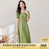 尚都比拉短袖连衣裙女夏季时尚通勤中长款a字裙钉珠收腰显瘦裙子 绿色 L