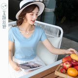 艾路丝婷夏装新款T恤女短袖上衣韩版修身体恤TX3560 V领浅蓝色 XL