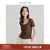 茵曼（INMAN）撞色罗纹棉女装U领短袖T恤修身气质通勤2026夏季新款短款上衣 深咖啡 S