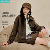 茵曼【麂皮绒】短外套女2026秋季新款复古夹克小个子上衣 咖啡色 M