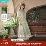 茵曼（INMAN）法式薄荷曼波连衣裙2024夏女装新品V领灯笼袖抽绳 水沫绿 M