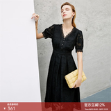 颜域短袖蕾丝连衣裙女夏装新款镂空时尚收腰气质V领显瘦裙子 黑色 XL/42