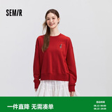 森马迪士尼|卫衣女刺绣圆领宽松红色针织衫101125116013