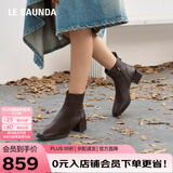 莱尔斯丹奶油可可小方头拉链粗跟瘦瘦靴女靴女鞋44906【加绒】布朗棕TMK38