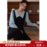 独束大码女装假两件撞色衬衫领连衣裙女秋冬微胖mm文艺复古穿搭裙子 墨染黑【适合165左右】 XL