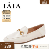 他她（TATA）方头乐福鞋女休闲平底一脚蹬小皮鞋女单鞋春秋款FLC22AM5 米色 37