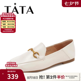 他她（TATA）七夕礼物方头乐福鞋女休闲平底一脚蹬小皮鞋女单鞋春秋款FLC22AM5 米色 37