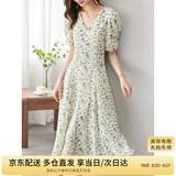 尚都比拉夏季法式碎花连衣裙泡泡袖茶歇裙气质女神范裙子 杏底蓝花 S 