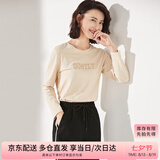 尚都比拉长袖纯棉t恤女春秋宽松显瘦内搭打底衫刺绣上衣 浅杏色 M 