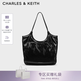 CHARLES&KEITH柔软褶皱大容量单肩托特包包女包生日七夕礼物送女友CK2-30782457 Black黑色 大包