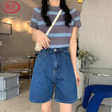 浪莎五分牛仔短裤女夏季2026新款直筒港味高腰宽松显瘦a字阔腿中裤潮