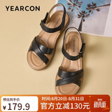 意尔康皮鞋女软底坡跟平底鞋中年妈妈魔术贴皮凉鞋 18075W 黑色 36