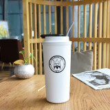 DFIFAN咖啡杯男女士保温杯高颜值学生便携水杯车载吸管杯双层隔热杯子 白色500毫升（双层隔热塑料）