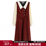 独束大码女装假两件撞色衬衫领连衣裙女秋冬微胖mm文艺复古穿搭裙子 勃艮第红【适合160左右】 L
