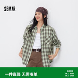 森马长袖衬衫女秋中长款宽松翻领落肩格纹上衣101125105007