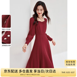 尚都比拉新年红高级感长袖连衣裙女春秋气质方领中长款内搭打底赫本风裙子