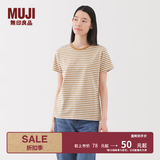 MUJI女式 天竺编织 圆领短袖T恤 上衣打底衫女款25年夏季女装内搭 暗黄色条纹 BB2P4C5S M (160/84A)