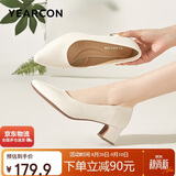 意尔康女鞋粗跟时装鞋浅口套脚高跟鞋工作女单鞋春秋 26905W米白36