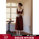 独束大码女装假两件撞色衬衫领连衣裙女秋冬微胖mm文艺复古穿搭裙子 勃艮第红【适合165左右】 XL