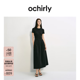 欧时力OCHIRLY夏季新款连衣裙女士短袖收腰显瘦小黑裙高级感潮流 黑色 -独家定染面料 M
