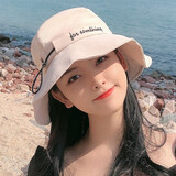 古霖 帽子女夏渔夫帽休闲字母波浪边盆帽韩版百搭太阳帽防晒遮阳帽 学生女 太阳帽 女 米色 可调节大小