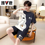 雅鹿大学生睡衣夏季男短袖薄款韩版青少年夏装男装高中生宿舍 XMQ-2386兰熊 L 100-120斤