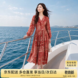 尚都比拉春秋中长款印花红色连衣裙气质女神范显瘦度假裙子 红花 L 