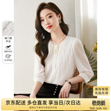 尚都比拉时尚洋气圆领七分袖雪纺衫女秋高级少女感气质通勤上衣 白色 L