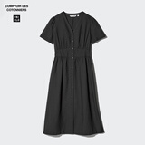 优衣库麻混纺V领连衣裙/短袖女装合作款/裙子484825 09 黑色 M