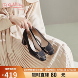 金利来（Goldlion）女鞋方头粗高跟简约金属扣饰浅口工作通勤单鞋68291009黑色39码